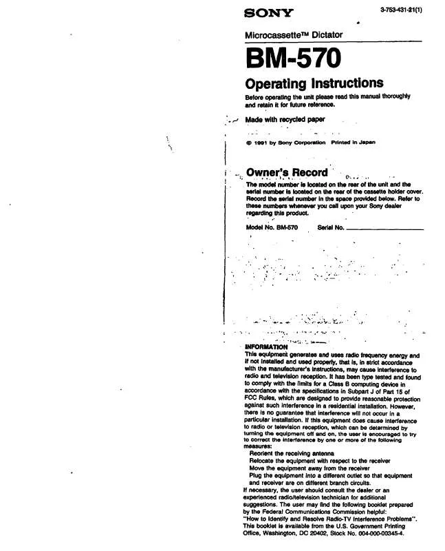 Mode d'emploi SONY BM-570