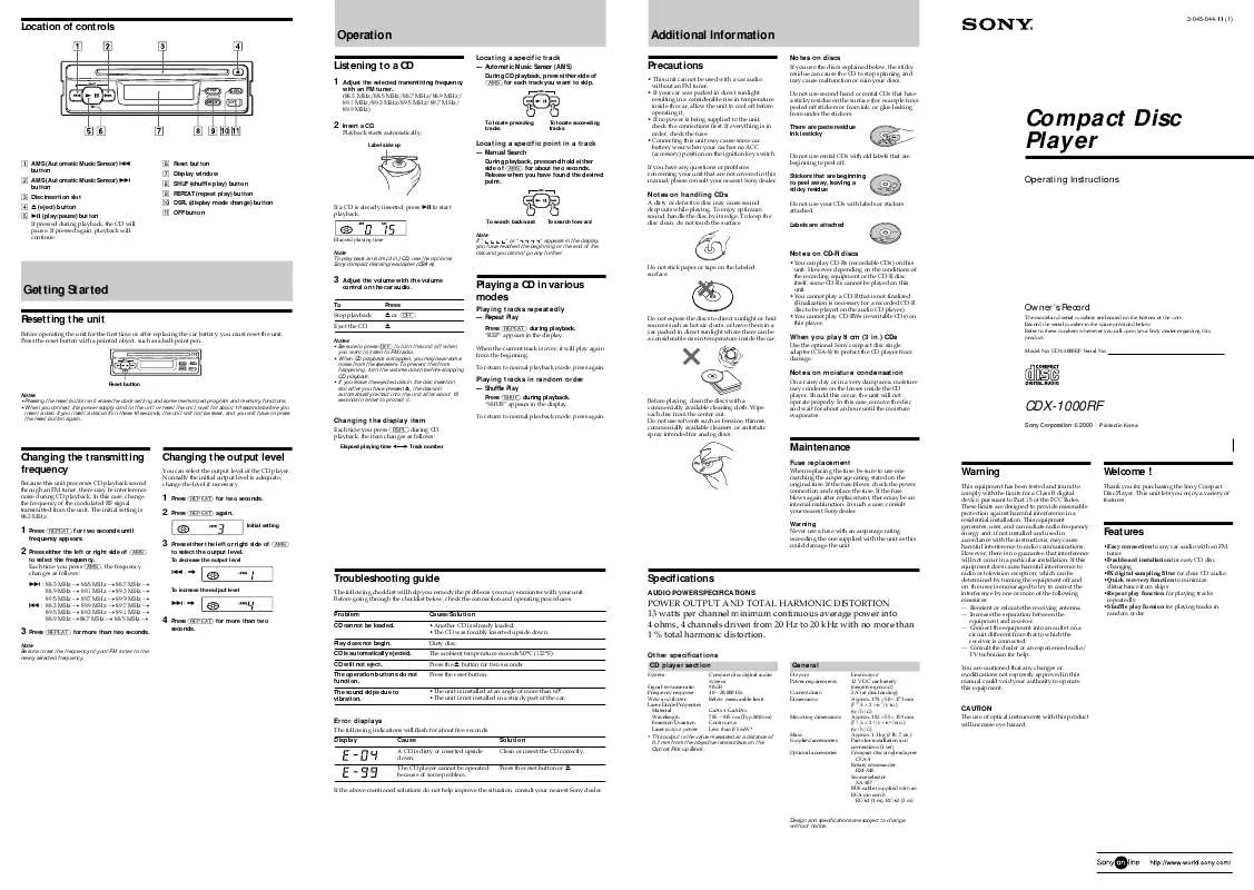 Mode d'emploi SONY CDX-1000RF