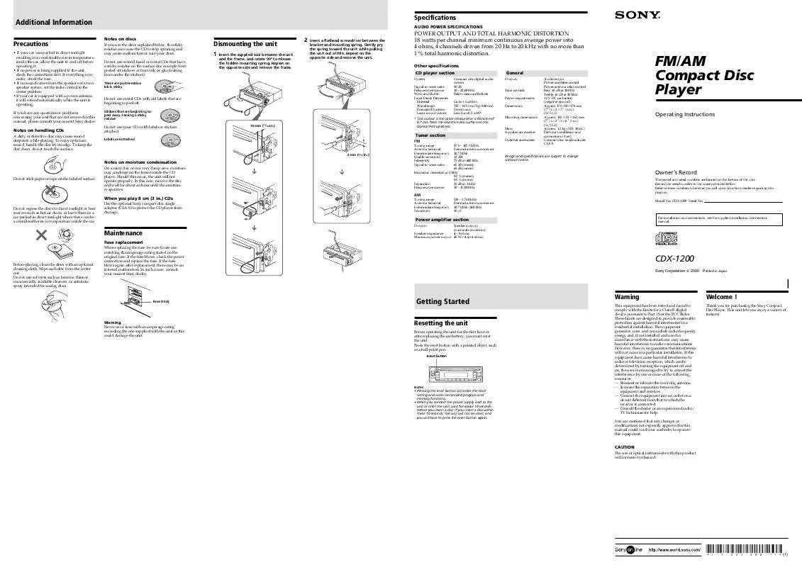 Mode d'emploi SONY CDX-1200