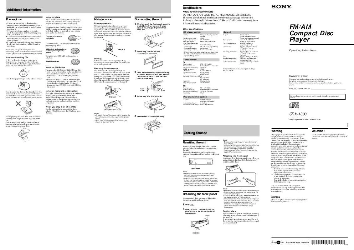 Mode d'emploi SONY CDX-1300