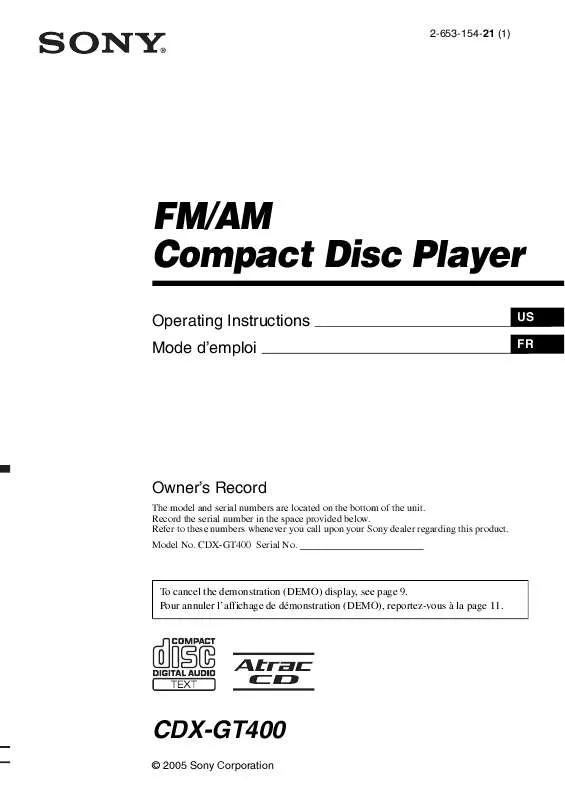 Mode d'emploi SONY CDX-GT400