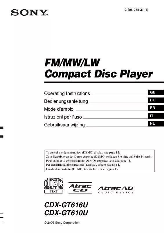 Mode d'emploi SONY CDX-GT610U