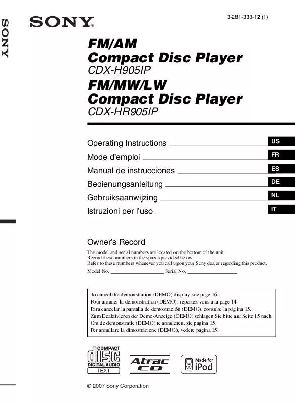 Mode d'emploi SONY CDX-H905IP