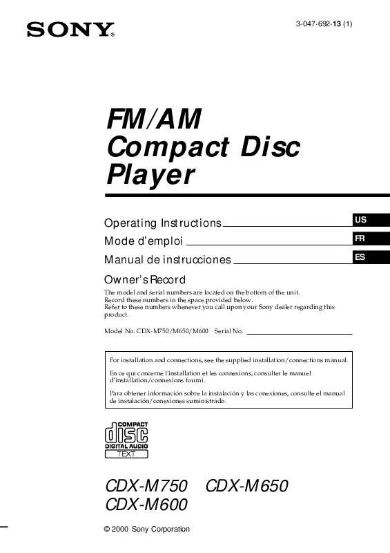 Mode d'emploi SONY CDX-M600