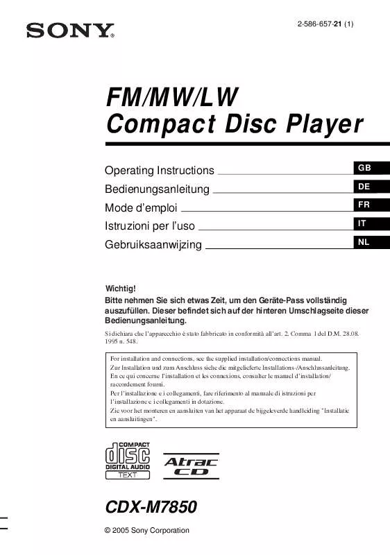 Mode d'emploi SONY CDX-M7850