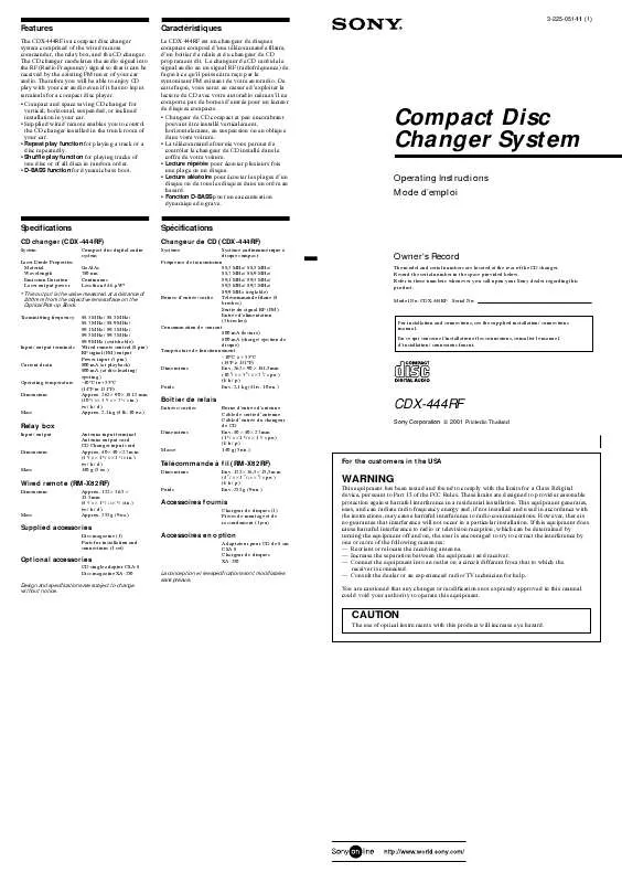 Mode d'emploi SONY CD-X444RF