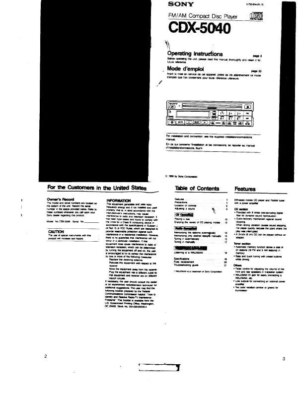 Mode d'emploi SONY CD-X5040