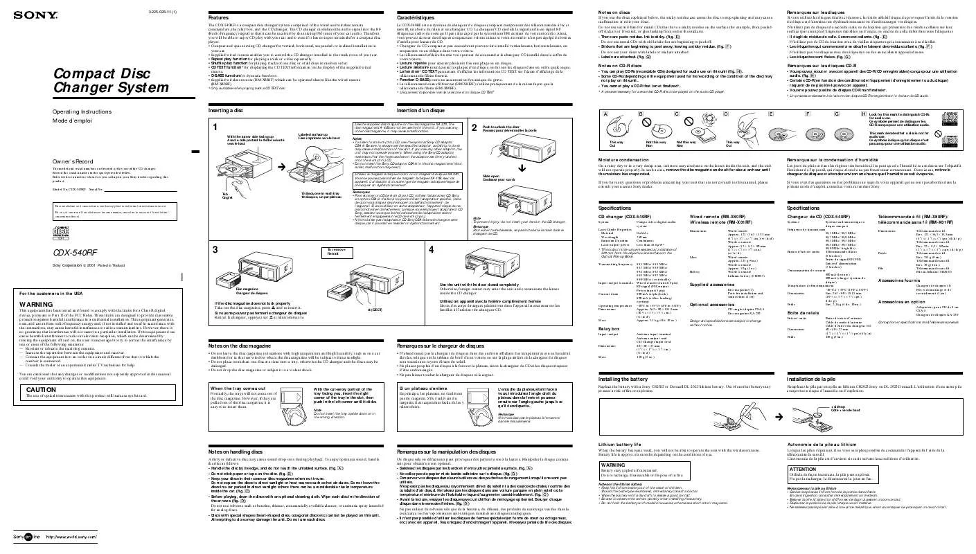 Mode d'emploi SONY CD-X540RF