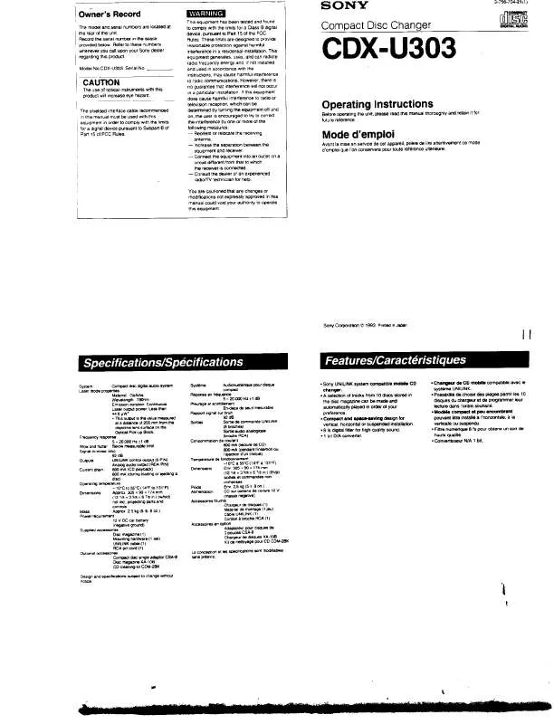 Mode d'emploi SONY CD-XU303