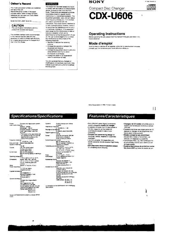 Mode d'emploi SONY CD-XU606