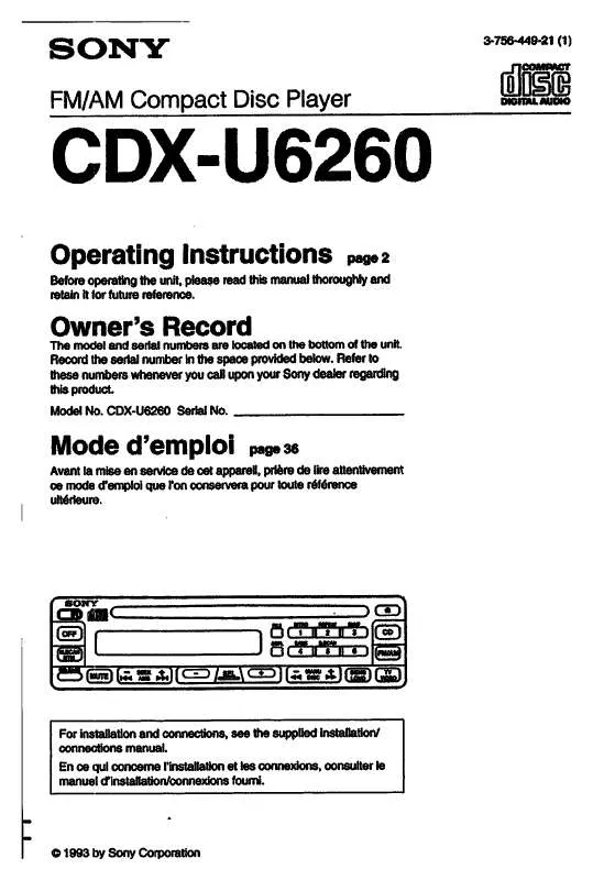 Mode d'emploi SONY CD-XU6260