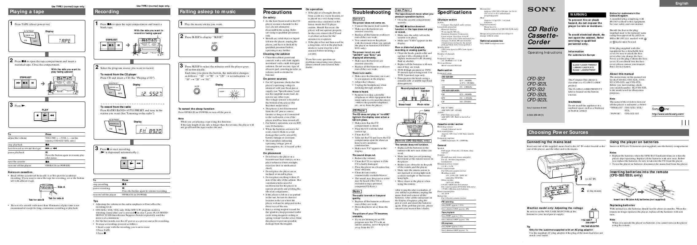 Mode d'emploi SONY CFD-922L