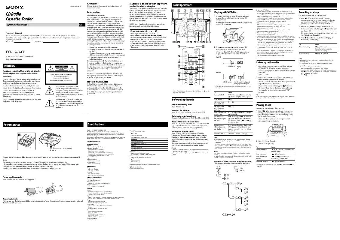 Mode d'emploi SONY CFD-G700CP