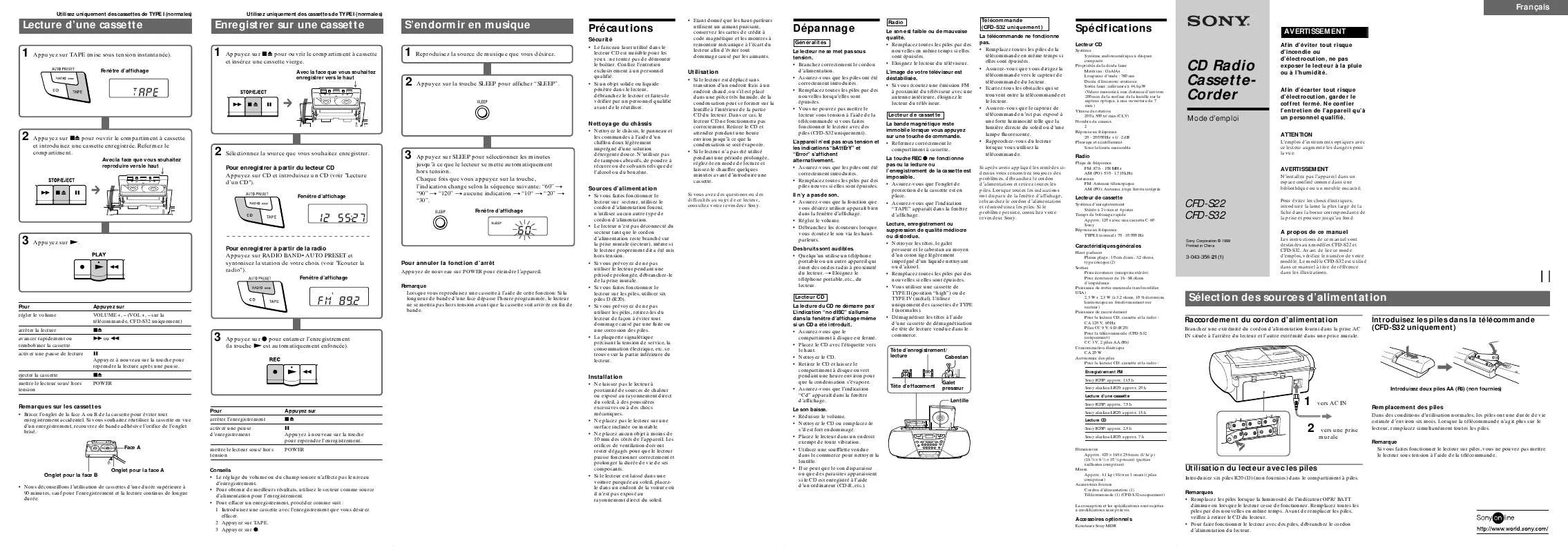 Mode d'emploi SONY CFD-S32