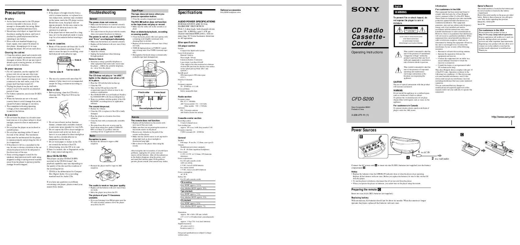 Mode d'emploi SONY CFD-S200