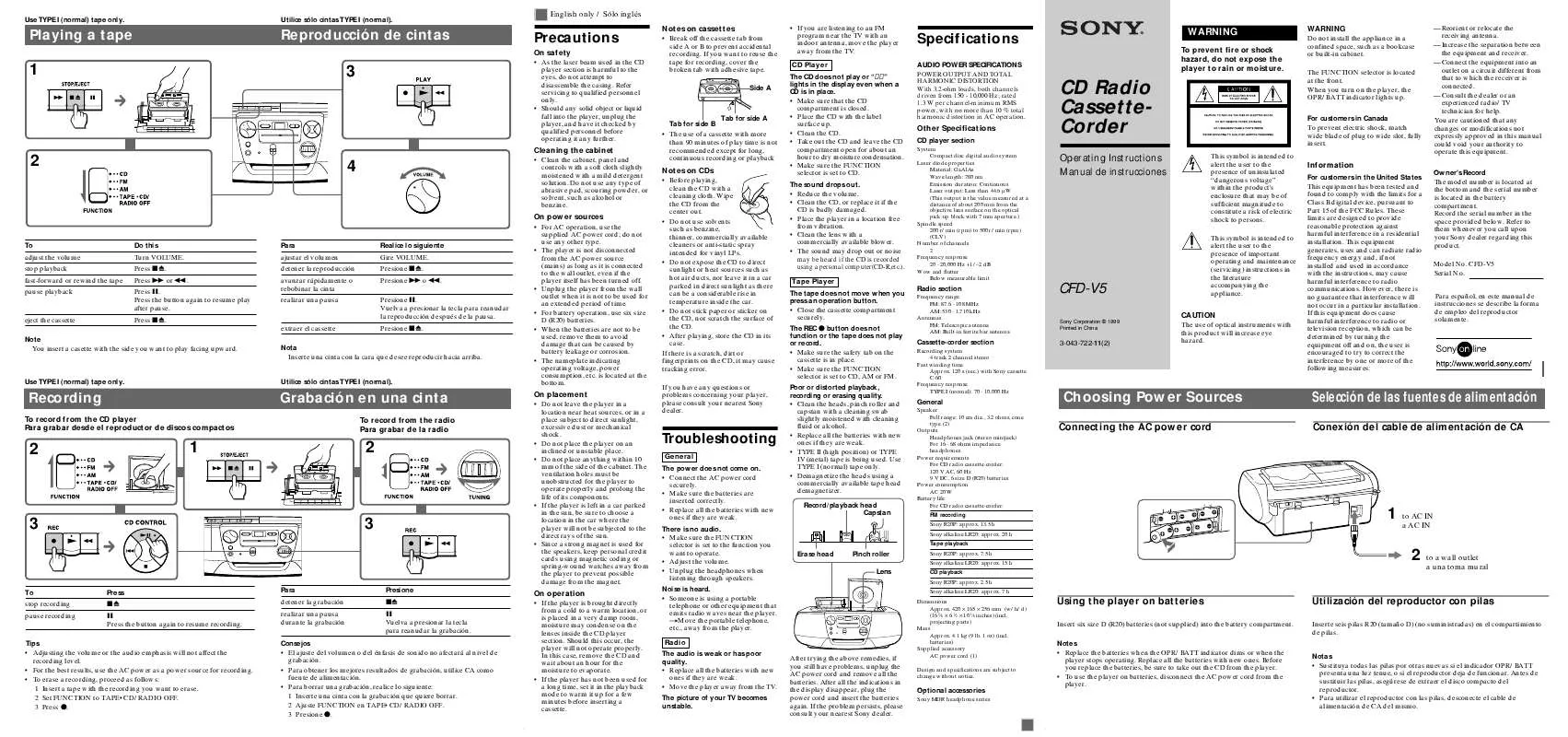 Mode d'emploi SONY CFD-V5