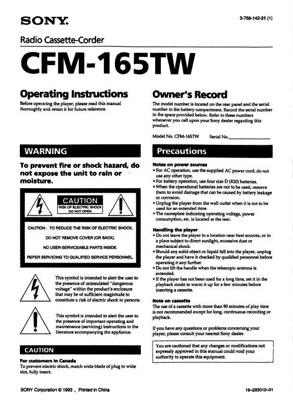 Mode d'emploi SONY CFM-165TW