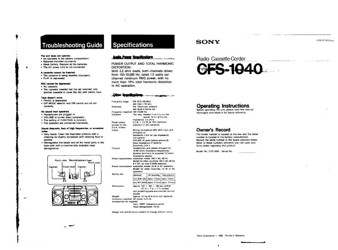 Mode d'emploi SONY CFS-1040