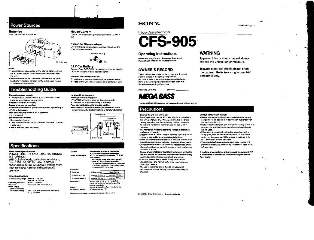 Mode d'emploi SONY CFS-905