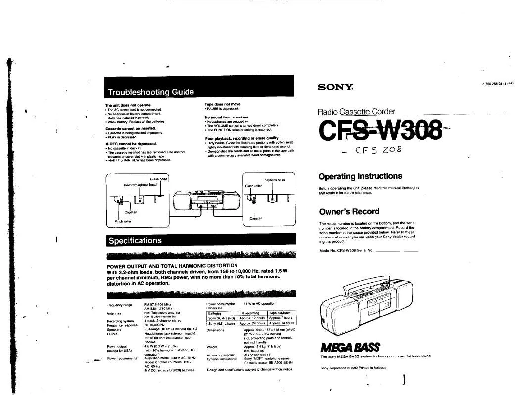 Mode d'emploi SONY CFS-W308