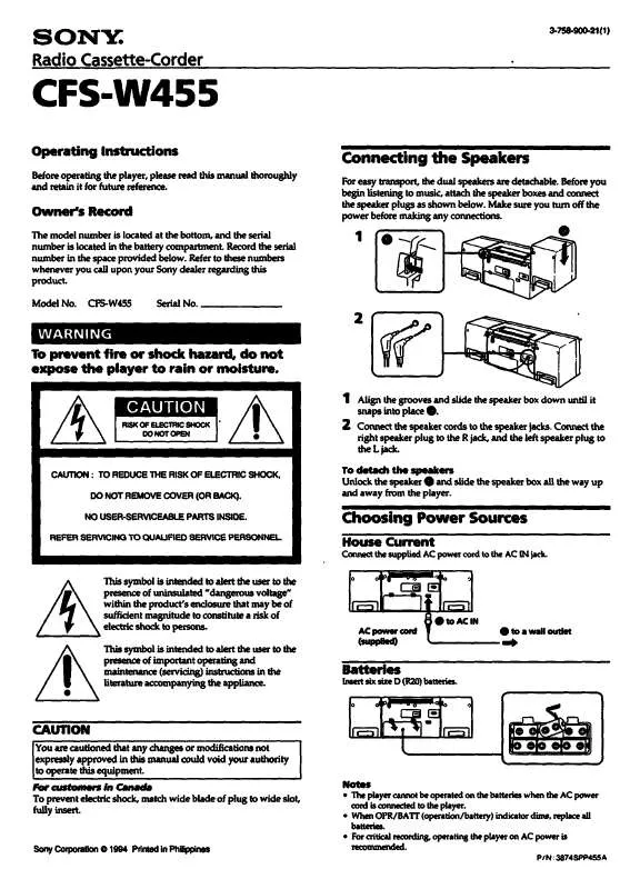 Mode d'emploi SONY CFS-W455