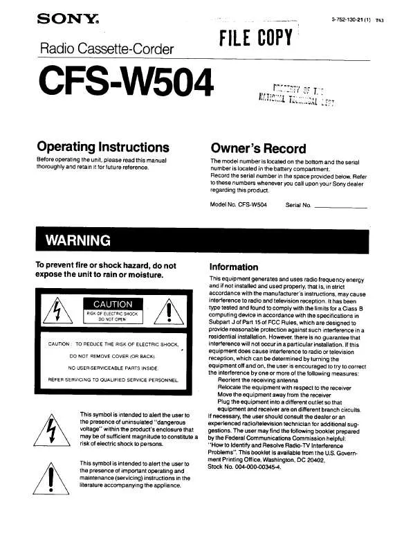 Mode d'emploi SONY CFS-W504