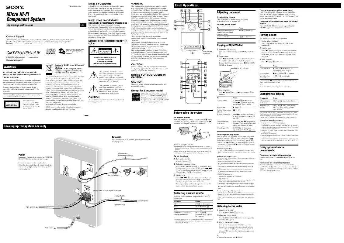 Mode d'emploi SONY CMT-EH12