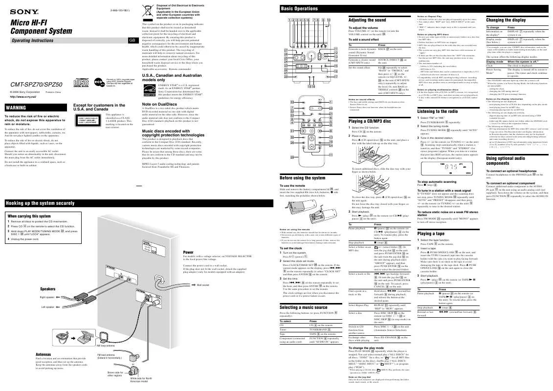 Mode d'emploi SONY CMT-SPZ50