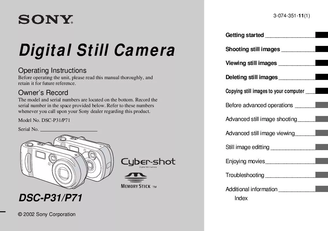 Mode d'emploi SONY CYBER-SHOT DSC-P31