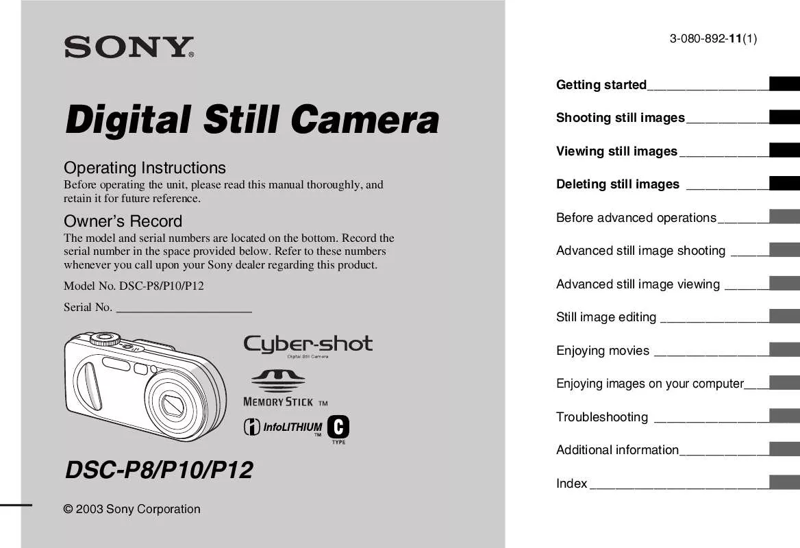 Mode d'emploi SONY CYBERSHOT DSC-P10