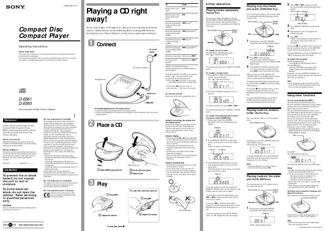 Mode d'emploi SONY D-E561