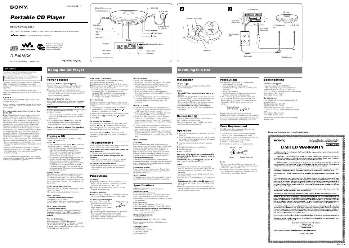 Mode d'emploi SONY D-EJ016CK