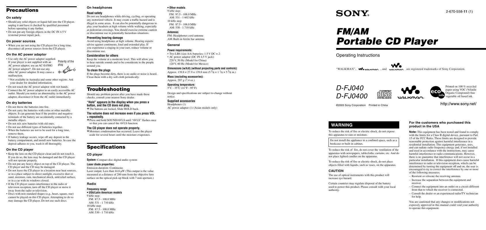 Mode d'emploi SONY D-FJ040PS