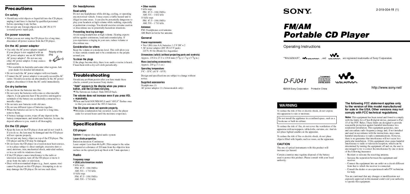 Mode d'emploi SONY D-FJ041