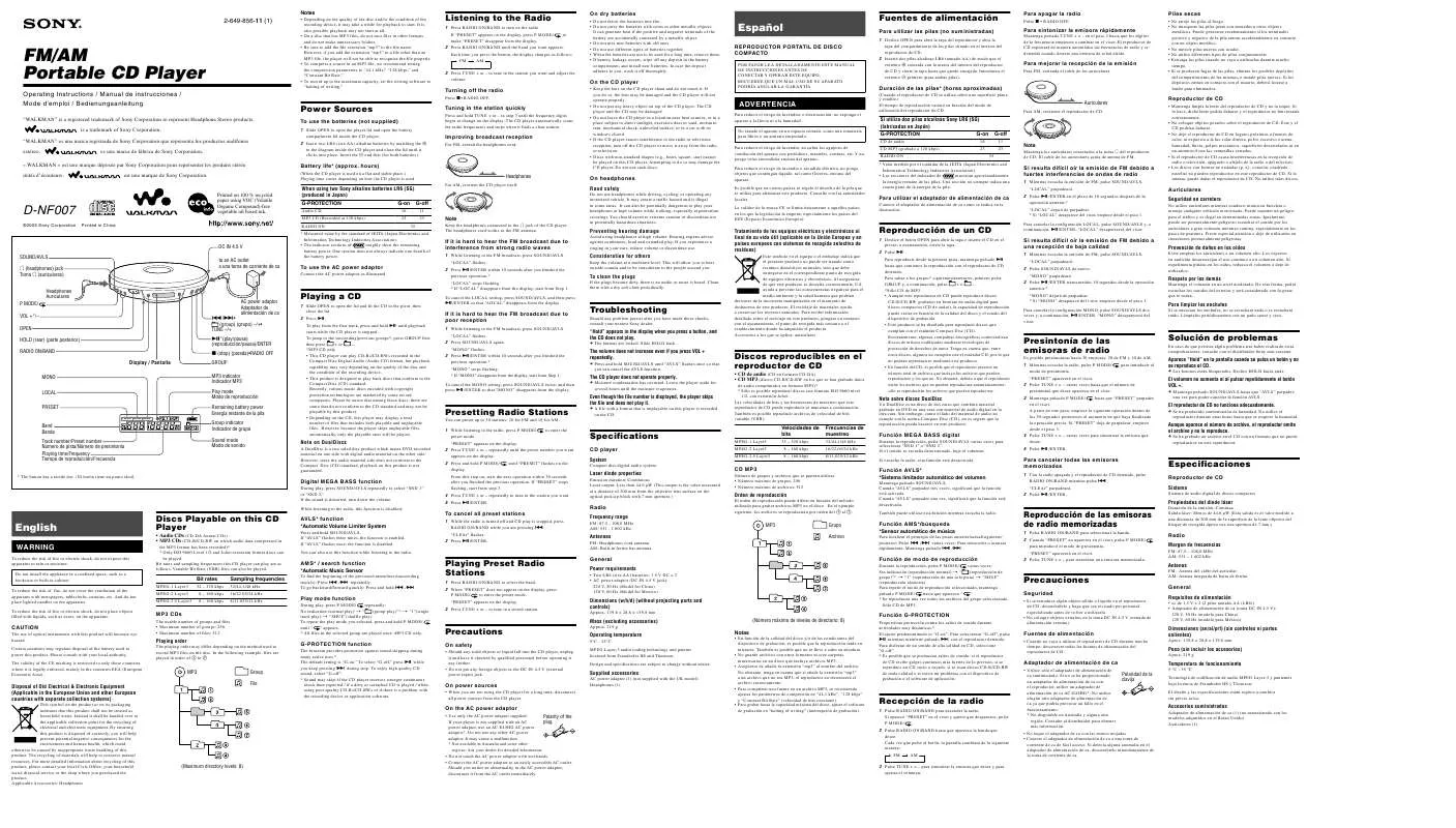 Mode d'emploi SONY D-NF007