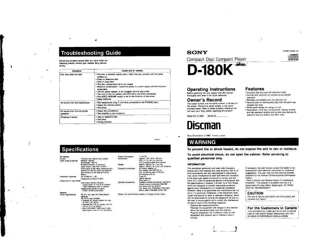 Mode d'emploi SONY D180K