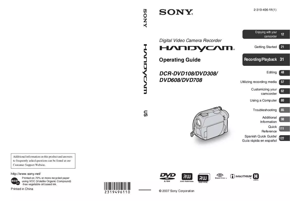 Mode d'emploi SONY DCR-DVD108
