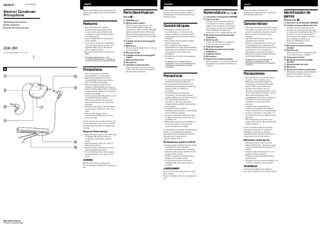 Mode d'emploi SONY ECM-Z60