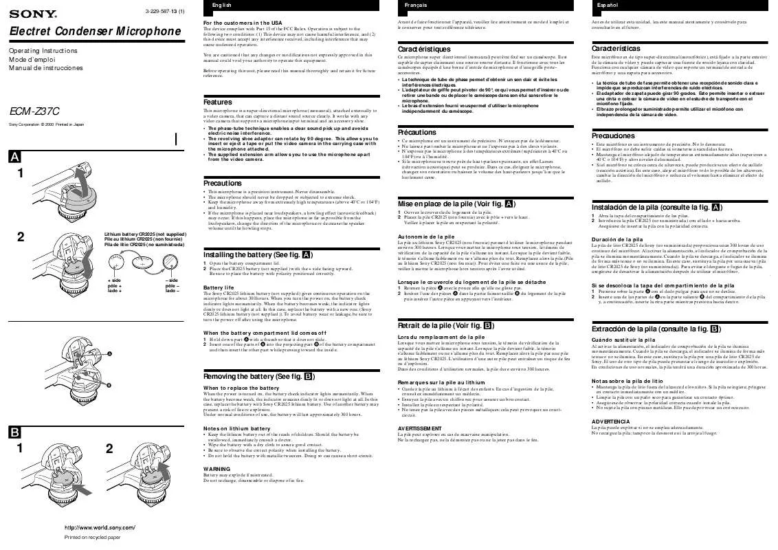 Mode d'emploi SONY ECM-Z37C