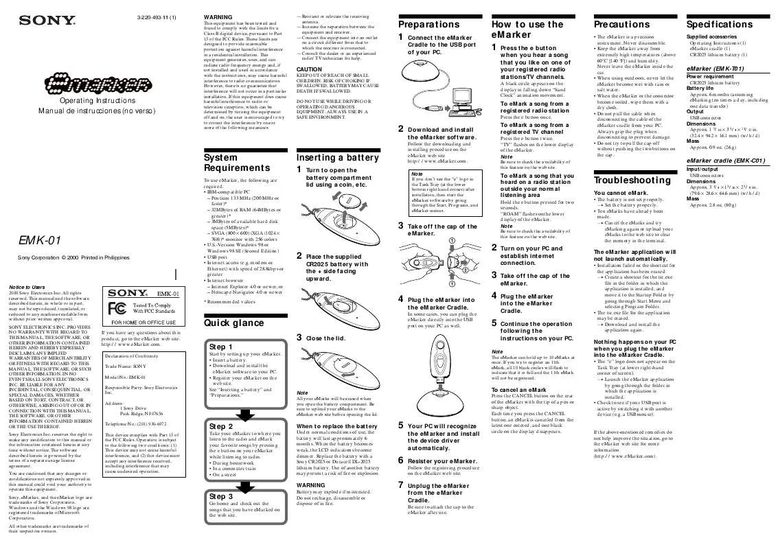 Mode d'emploi SONY EMK01