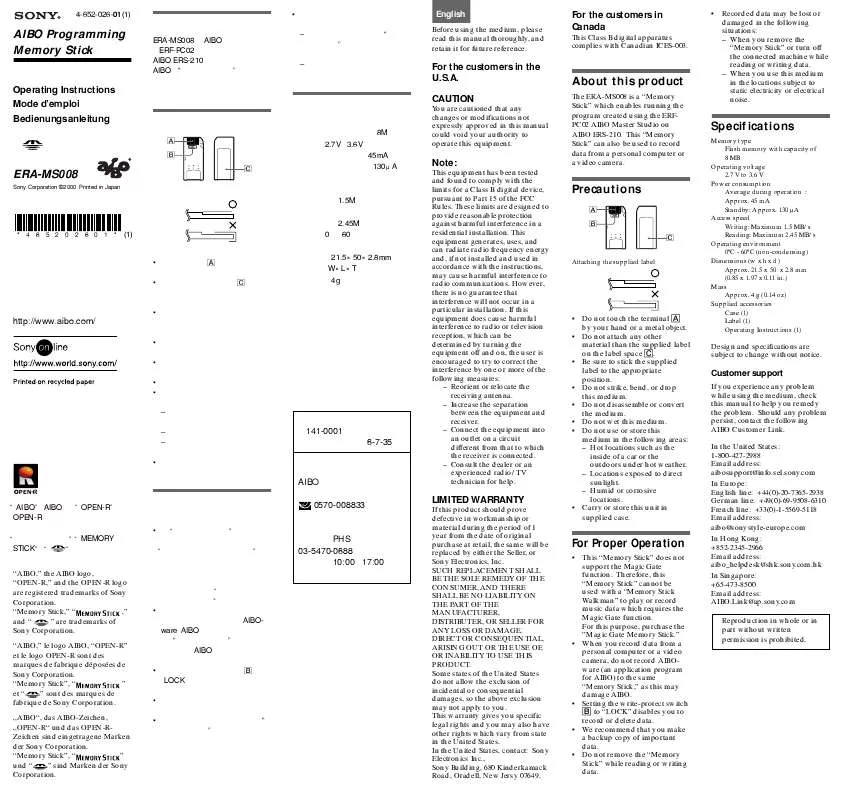 Mode d'emploi SONY ERA-MS008