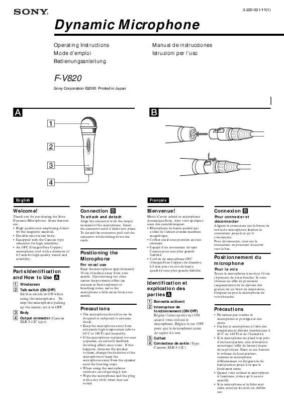 Mode d'emploi SONY FV820