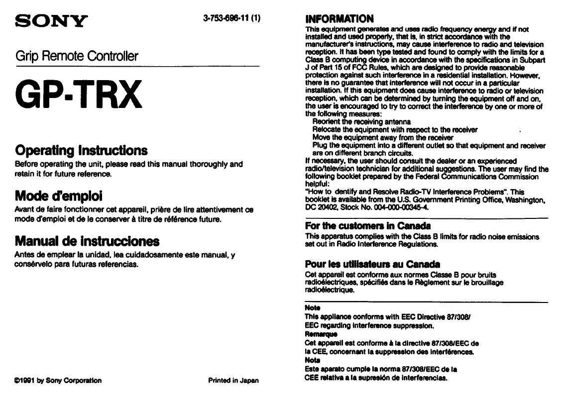 Mode d'emploi SONY GP-TRX