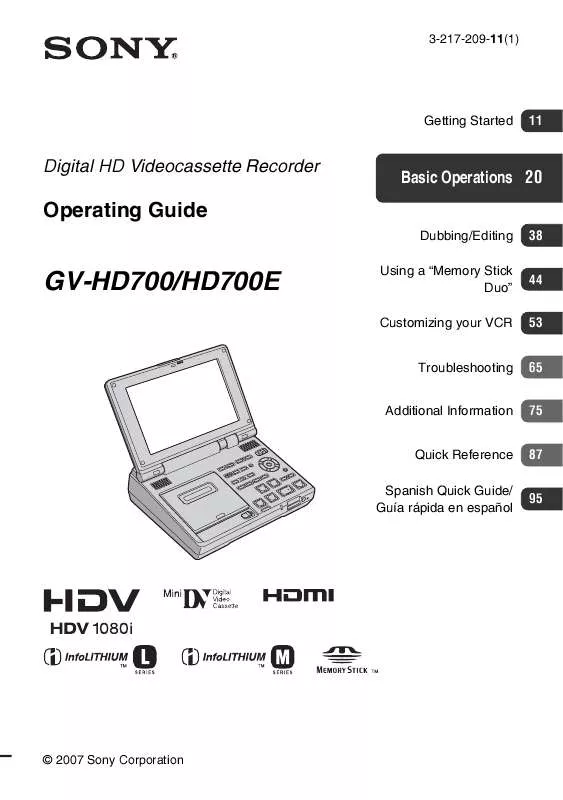 Mode d'emploi SONY GV-HD700E