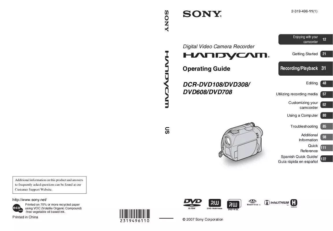 Mode d'emploi SONY DCR-DVD308