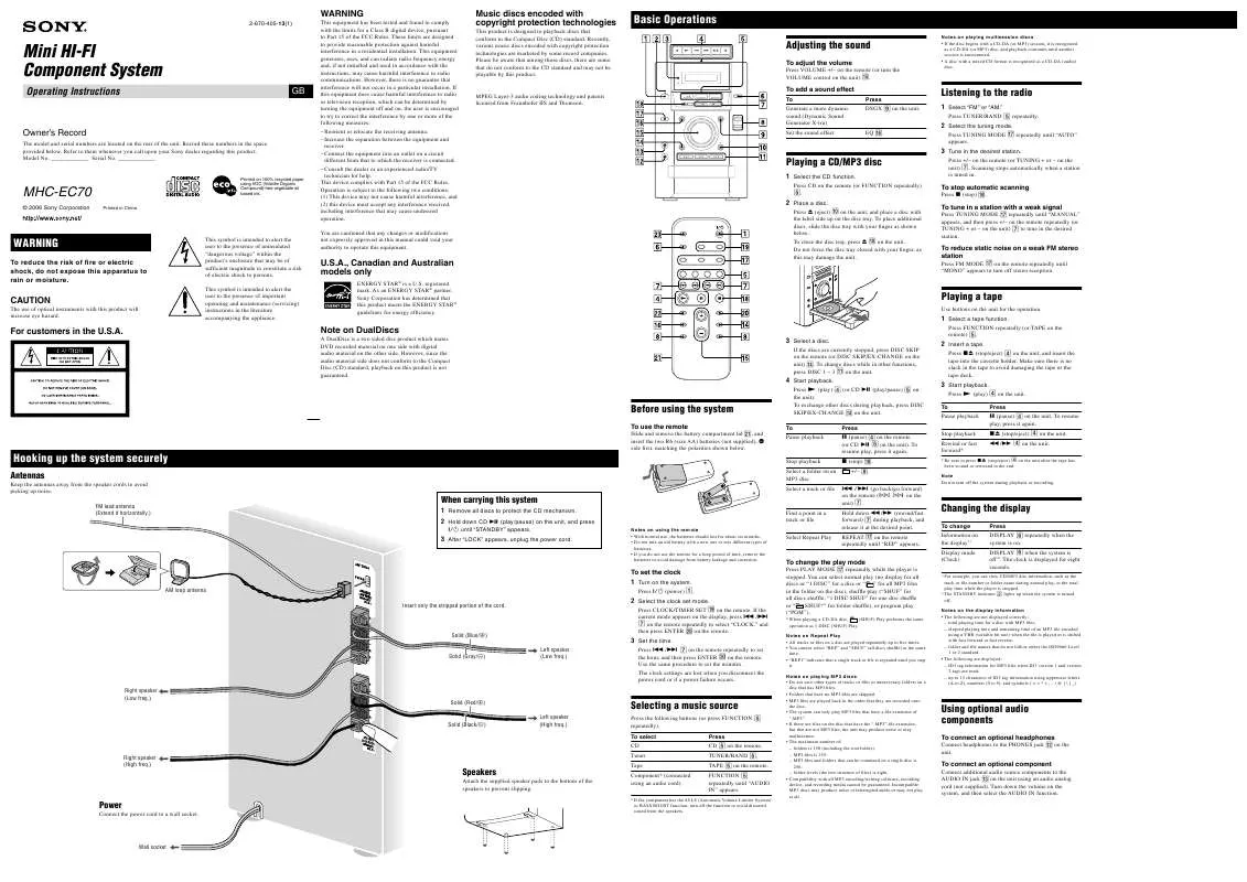 Mode d'emploi SONY HCD-EC70