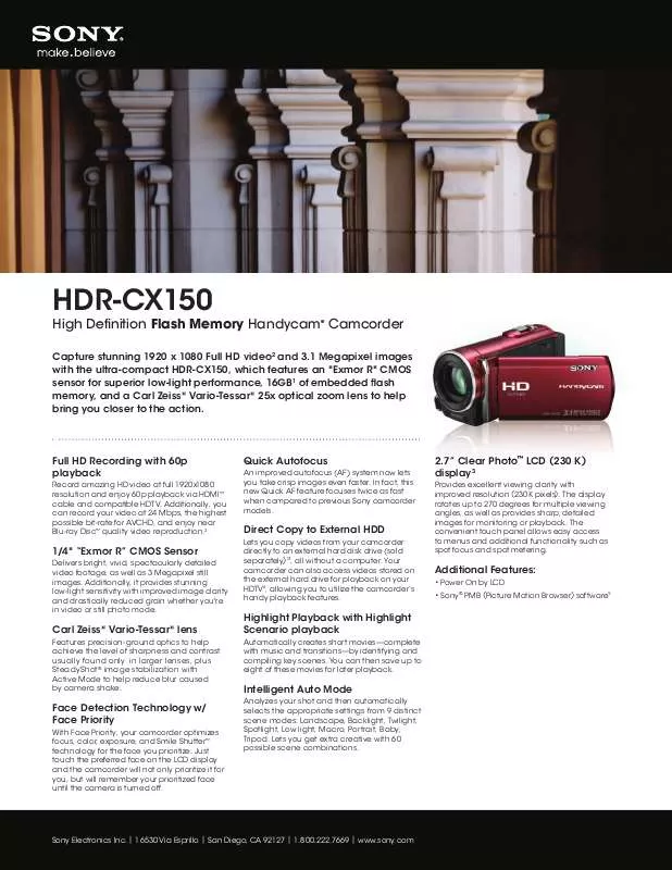 Mode d'emploi SONY HANDYCAM HDR-CX150/LI5