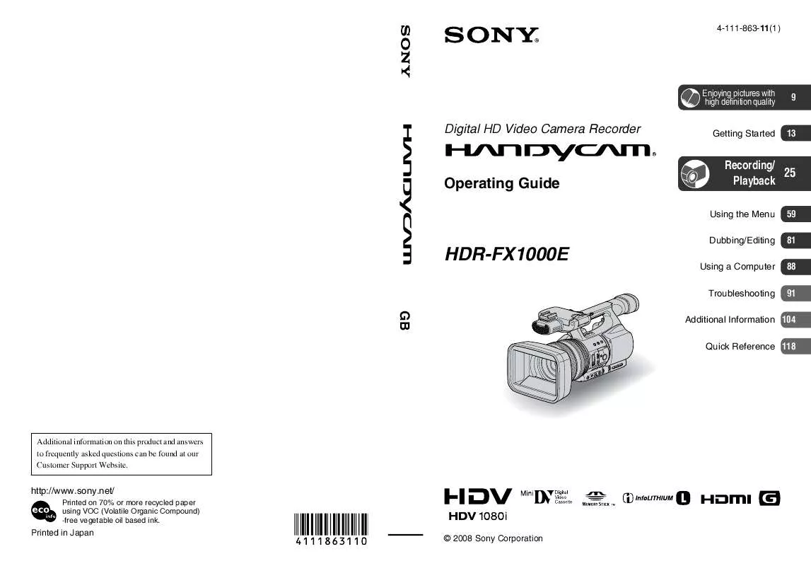 Mode d'emploi SONY HDR-FX1000E