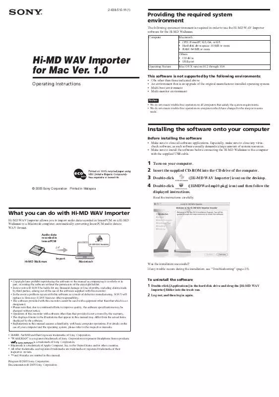 Mode d'emploi SONY HI-MD