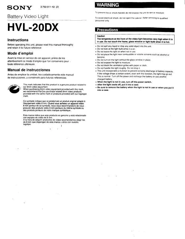 Mode d'emploi SONY HVL-20DX